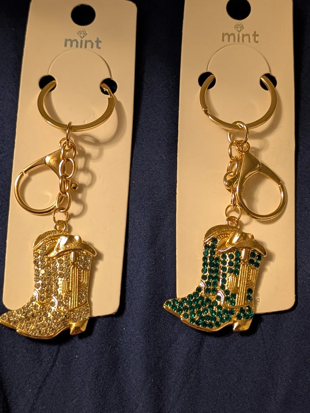🦋 Pick 1 mint Gold Cowboy Boot Keychains with Clear Or Green Rhinestones